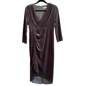Calvin Klein Velvet Wrap Midi Ruched Cocktail Dress V-Neck 3/4 Sleeve Brown